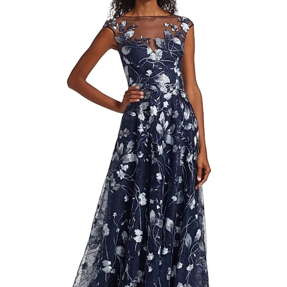 Teri Jon Cap Sleeve Formal Dress Sweetheart Neck, Floral Details, Fit & Flare - Picture 3 of 5